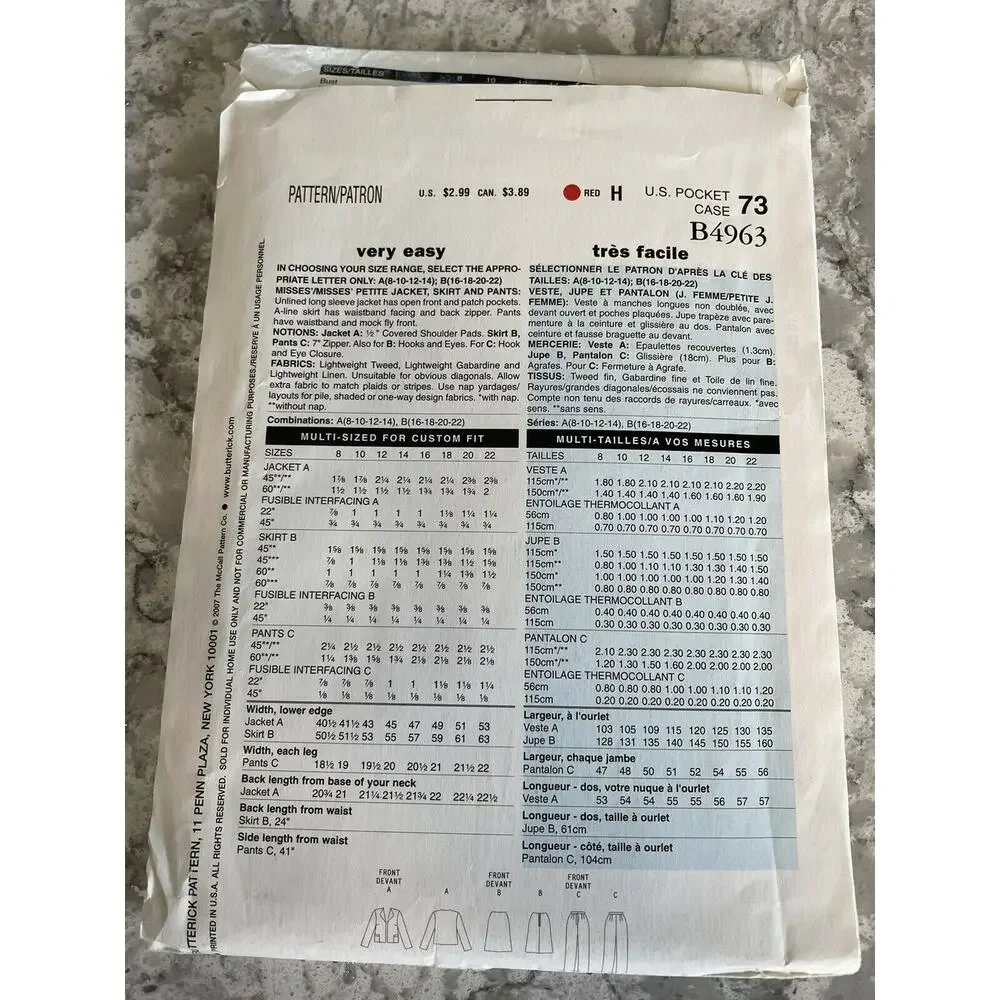 BUTTERICK See & Sew B4963 MISSES' SIZE 8-14 JACKET, SKIRT, PANTS SEWING PATTERN